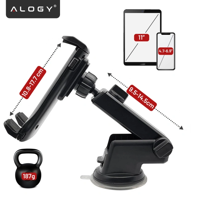 Uchwyt samochodowy na telefon i tablet – 2w1, mocny i stabilny, regulowany 4.7–11”, montaż na szybę i kokpit, pełna regulacja – Alogy DriveMount™ Premium Czarny