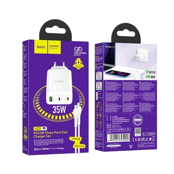 HOCO Wandladegerät 2 x Typ C USB A Kabel Typ C zu Lightning PD QC3.0 3A 35W Weiß