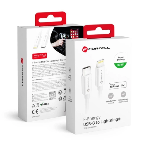 Kabel USB-C do Lightning 1m Forcell MFi Apple PD 30W CarPlay Biały