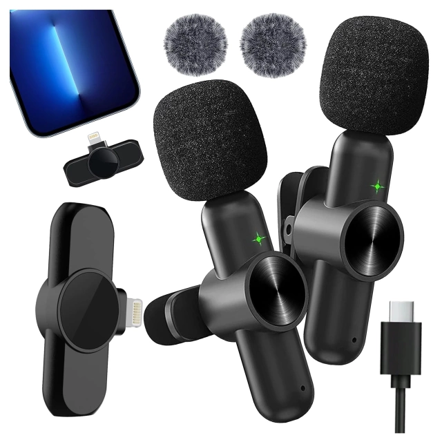 Mikrofon Bezprzewodowy 2x Zestaw - Lightning do iPhone, redukcja szumu, lekka konstrukcja, zasięg do 20 metrów - 2x Mikrofon Krawatowy z Futerkową Osłoną, Odbiornik do telefonu - Alogy DualVoice™ Czarny