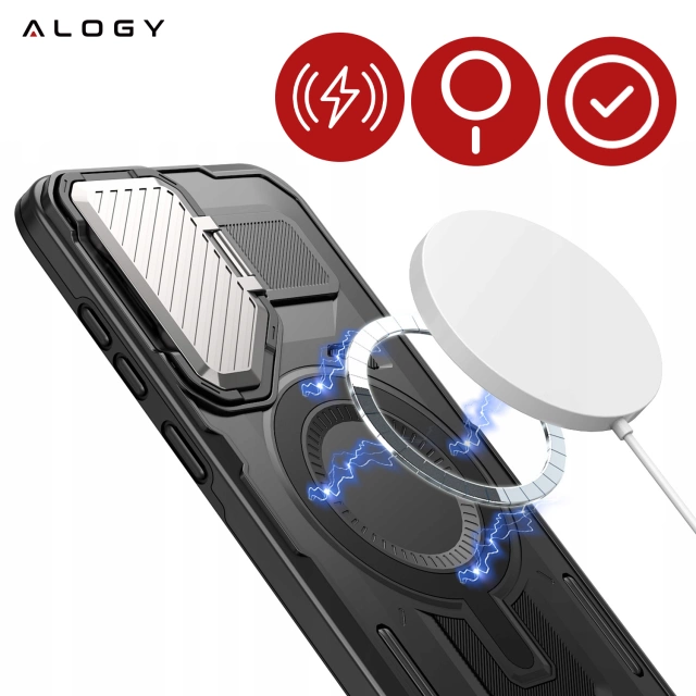 Etui do Samsung Galaxy S25 Ultra Case do MagSafe Wzmocniona Pancerna ochrona obiektywów z funkcją podstawki obudowa ochronna na telefon Alogy HeavyDuty Mag™️Czarne + SZKŁO HARTOWANE