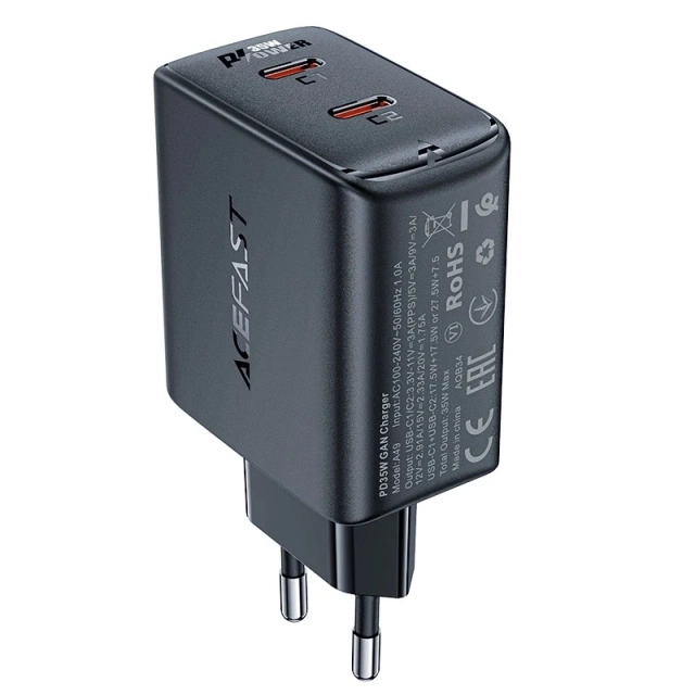 Ładowarka sieciowa czarna GaN 35W PD 2x USB C Acefast A49 - szybka i bezpieczna