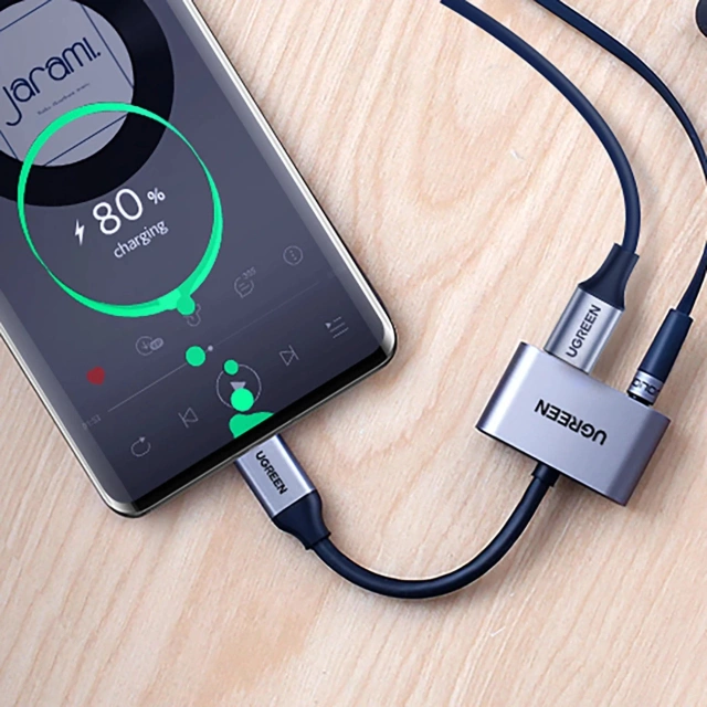 Adapter Ugreen CM193 USB-C do mini jack 3.5 mm + USB-C Ładowanie Szary