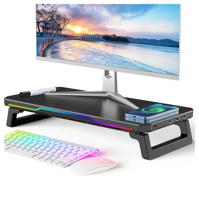 Podstawka pod monitor z lampką listwą świetlną RGB z wejściami HUB USB (3× USB-A, 1× USB-C) – biurkowa do Home Office, Gaming, poprawa ergonomii – Alogy MonitorStand™ Czarna