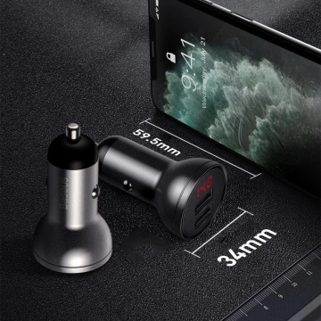 Baseus Autoladegerät 2x USB 4.8A 24W mit LCD Kabel 3in1 USB - USB Type C / Micro USB / Lightning 1.2m schwarz (TZCCBX-0G)