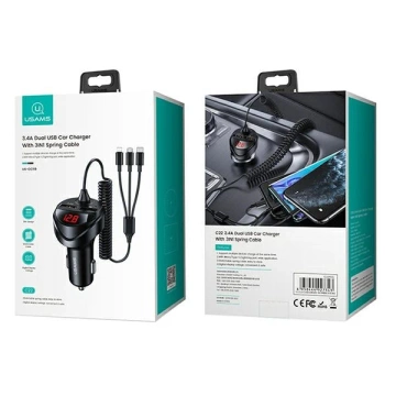 USAMS Autoladegerät 2x USB Kabel 3in1 C22 (Lightning microUSB USB-C) schwarz/schwarz CC119TC01 (US-CC119)