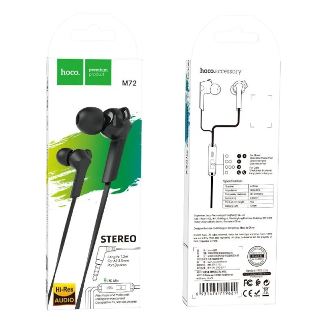 HOCO Słuchawki Przewodowe Jack 3,5 mm z Mikrofonem M72 Czarne