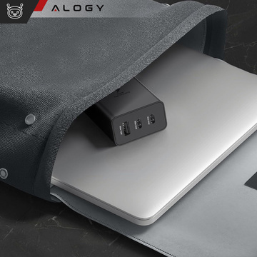 Schnelles 65-W-Ladegerät, 2 x USB-C Typ C PD, USB-A, USB Alogy, 3 Anschlüsse, starkes schwarzes Gehäuse
