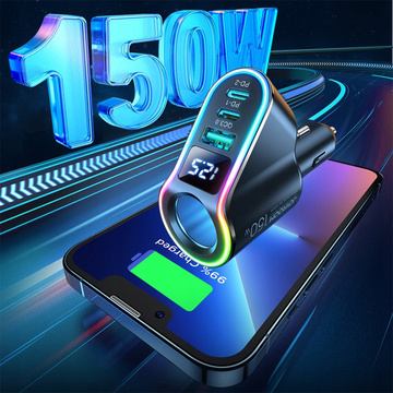 USB QC 3.0 Autoladegerät 2x USB-C PD 150W Splitter JoyRoom Autoladegerät 4in1 RGB LED schwarz
