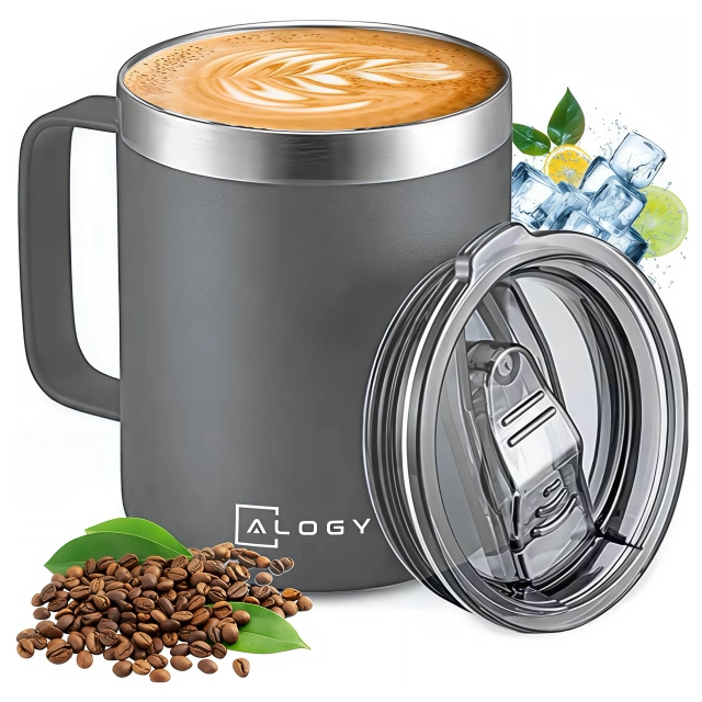Thermobecher 420 ml mit Henkel und Deckel für Kaffee, Tee, Stahl, Kalt- und Heißgetränke Alogy Grey