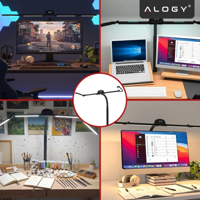 Lampa Biurkowa LED RGB do Monitora ze Składaną Konstrukcją, Regulowaną Jasnością i Pełnym Spektrum Światła, z Mocowaniem do Blatu, Ochrona Oczu, Alogy VisionBar™ – Czarna