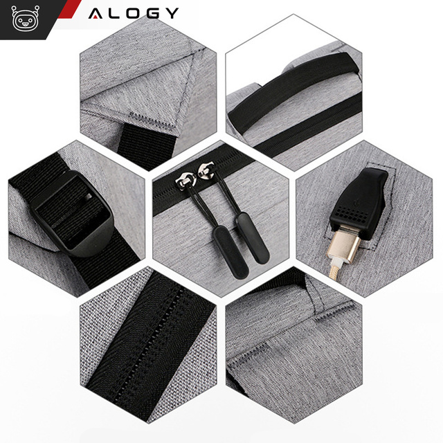 Plecak torba na laptopa 15,6" duży wodoodporny z portem USB Unisex 44x34x13cm do samolotu Alogy Backpack Szary
