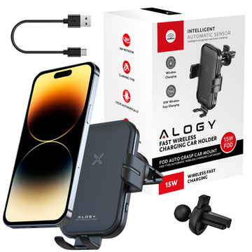 Alogy Fast Charging Autohalterung mit 15W induktivem Qi-Ladegerät automatisch für das Auto am Netz, Schnellladung schwarz