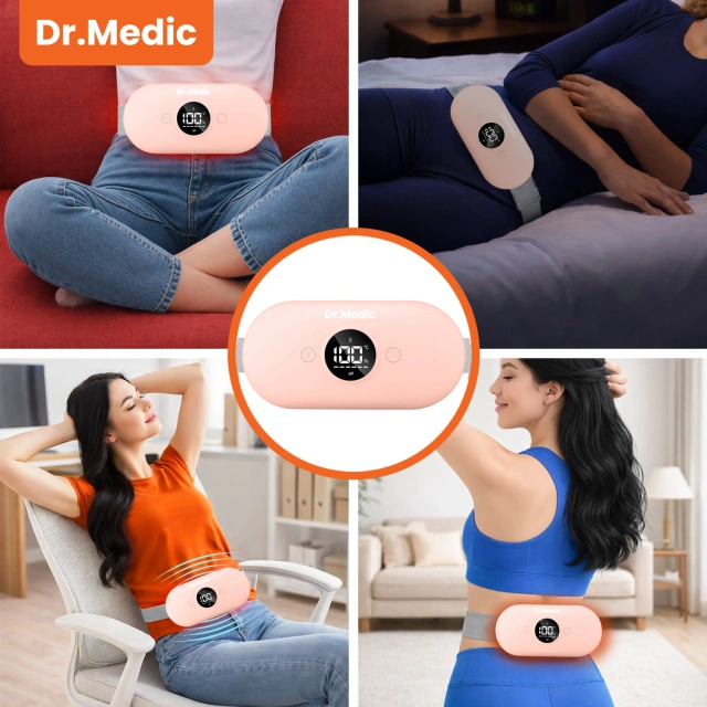 Pas Grzejący z Masażerem na okres i plecy - przeciwbólowy, ciepło + wibracje, 6 poziomów intensywności, akumulator 1800 mAh - Dr.Medic ThermoPulse™ Różowy