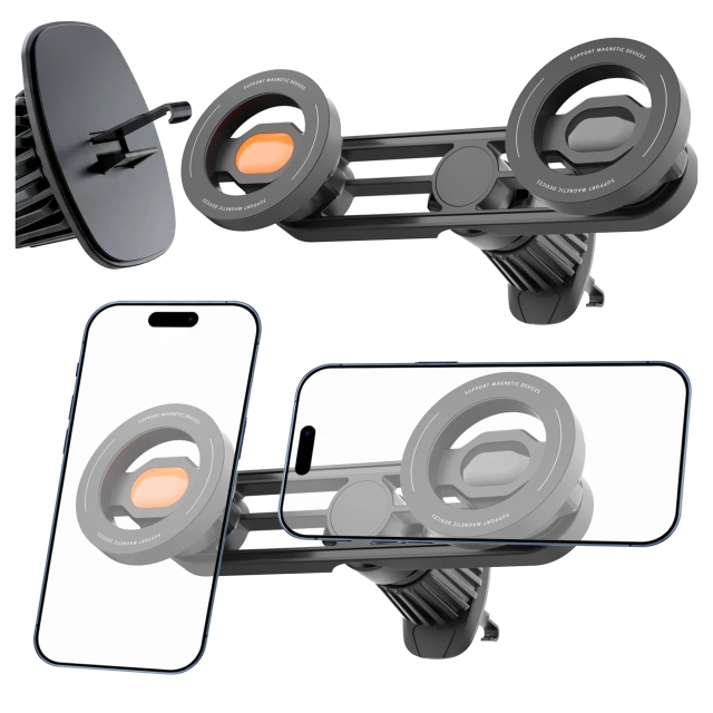 Uchwyt samochodowy do kratki wentylacyjnej – podwójny uchwyt do MagSafe na 2 telefony, mocny i stabilny, magnetyczna konstrukcja – Alogy MagGrip™ Duo Czarny