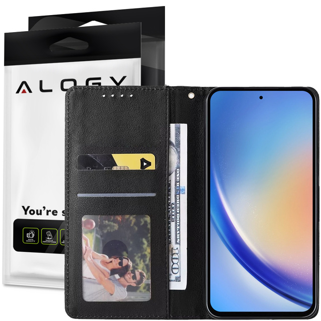 Etui ochronne z klapką skórzany portfel Alogy Wallet Case obudowa na telefon do Samsung Galaxy A54 5G Czarne + Szkło