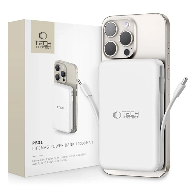 Powerbank magnetyczny z przewodem PB31 Lifemag Magsafe Power Bank 10000 mAh (Typ C + Lightning) Biały