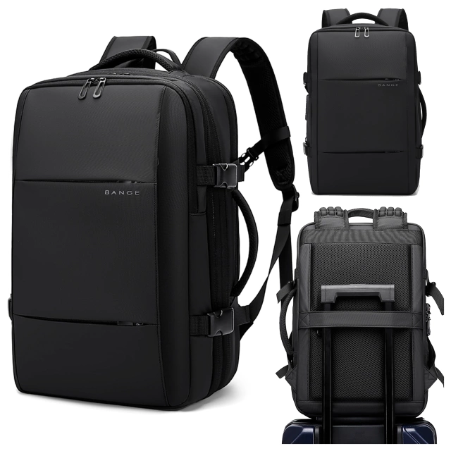 Bange wasserdichter Rucksack für 15,6-Zoll-Laptop, Stadtreisender, 45 x 30 x 16 cm, für Arbeit, Flugzeug, Herren, Damen, mit USB-Anschluss Schwarz