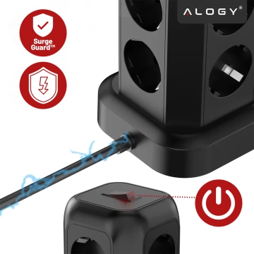 Przedłużacz 12w1 Rozdzielacz wieża ładująca Alogy ChargeTower Pro 2500W 8x gniazdo ładujące 3x USB.A 1x USB.C kabel 1.8m Czarny