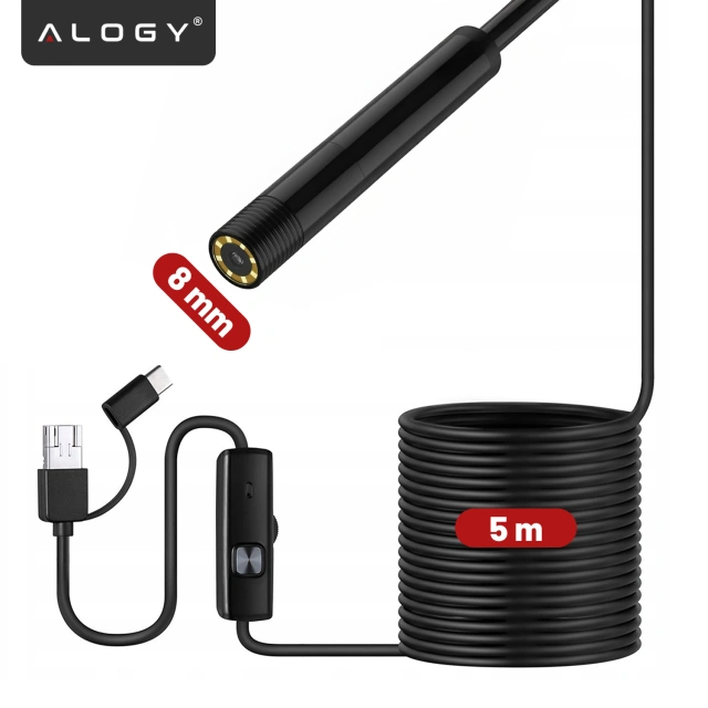 Kamera inspekcyjna endoskopowa micro USB + USB-C + USB Full HD 5m 8mm Endoskop Alogy Hard Wire