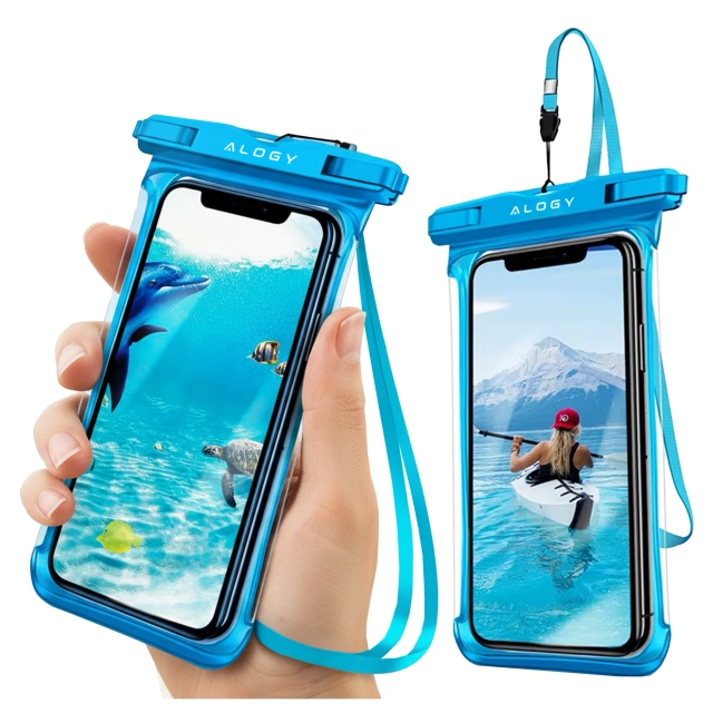 Etui Wodoodporne Uniwersalne IPX8 do Telefonów do 6.5", Wodoszczelna Ochrona na Plażę, Basen i Kajak, Dotykowy Front i Pasek na Szyję, Alogy HydroShield™ – Niebieskie