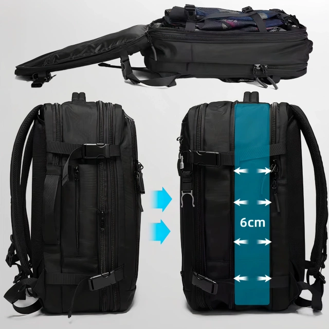 Plecak wodoodporny Bange na laptopa 15.6" miejski podróżny rozszerzalny 55 x 35 x 21-27 cm do samolotu męski damski + kłódka szyfr kompas zaczep na butelkę Czarny