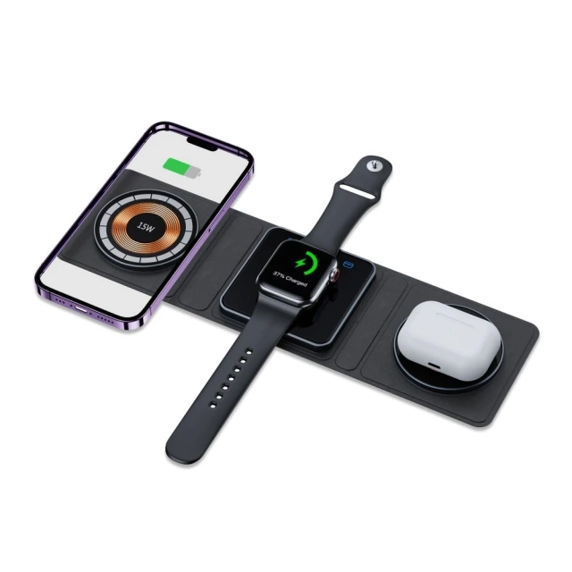 QI15W-A31 3IN1 magnetisches MagSafe kabelloses Ladegerät für iPhone, Airpods, Apple Watch Schwarz