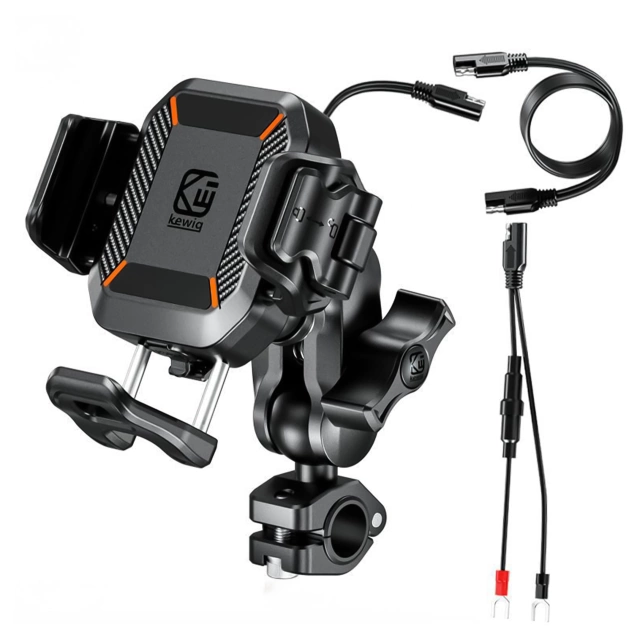 Uchwyt Motocyklowy na kierownicę KEWIG M33-A1 na telefon z ładowarką Qi 15W + PD 30W USB-C z systemem przeciwwstrząsowym na motor quada skuter Czarny