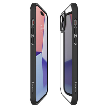 Hülle für iPhone 15 Plus Spigen Ultra Hybrid Case, schwarze Rückseite, mattschwarzes Glas