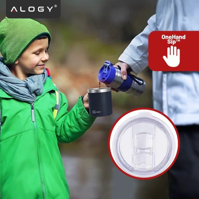 Kubek termiczny 420ml z uchwytem pokrywką na kawę herbatę stalowy zimne i ciepłe napoje Alogy granatowy