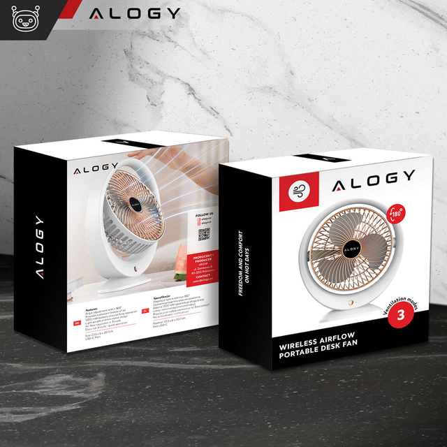 Wentylator wiatrak biurkowy stojący mocny mały przenośny bezprzewodowy 1200mAh USB-C Alogy Biały