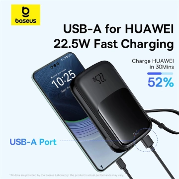 Baseus Qpow Pro 10000 mAh 22,5 W Powerbank mit integriertem USB-C-Kabel und Display – Schwarz