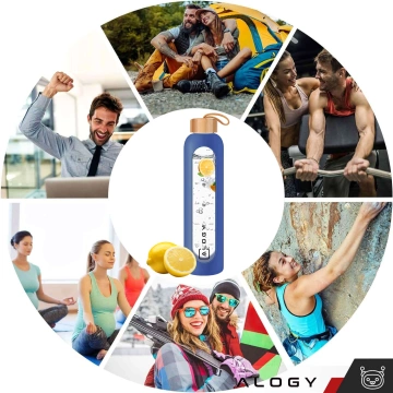 Große Glasflasche, Trinkflasche Alogy Motivational Messbecher 1l 1000ml, Silikonhülle Blau