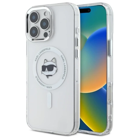 Karl Lagerfeld Hülle für iPhone 16 Pro Max 6,9" Weißes MagSafe Hardcase IML Metall Choupette Head