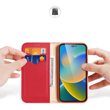 Dux Ducis Hivo Leather Flip Cover Echtes Leder Wallet für Karten und Dokumente iPhone 14 Pro Rot