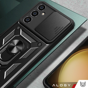 Hülle für Samsung Galaxy S23 FE Gepanzerte Schiebehülle Ringgehäuse Kameraschutz Camshield Alogy Schwarzes Glas