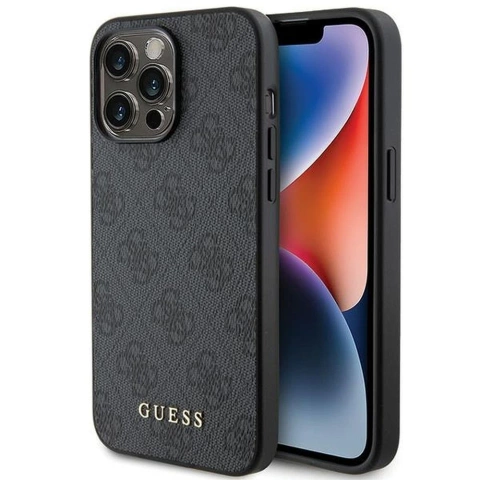 Original GUESS Hardcase GUHCP15LG4GFGR Hülle für iPhone 15 PRO (4G Metalllogo / Grau)