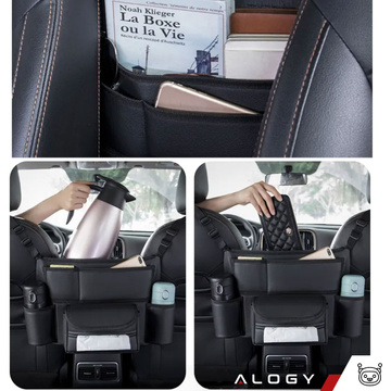 Auto-Organizer für das Auto zwischen Sitzen, Autositz, Alogy, Auto-Getränkehalter, Taschentücher, Schwarz, 2 x Kopfstützenhalter
