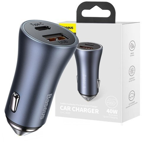 Ładowarka samochodowa Baseus USB+ USB-C QC3.0 PD 40W Grey