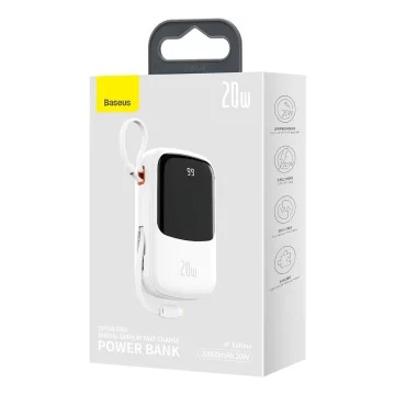 Powerbank mit Schnellladefunktion Baseus Qpow Digital Display 20000mAh 20W QC/PD/SCP/FCP mit integriertem Lightning-Kabel weiß