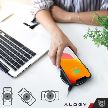 QI kabelloses induktives Ladegerät 15 W schnelle LED Alogy rund für iPhone USB-C-Kabel Schwarz