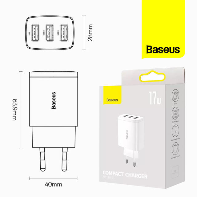Ładowarka sieciowa Baseus Compact Quick Charger 3x USB 17W do telefonu tabletu słuchawek Biała