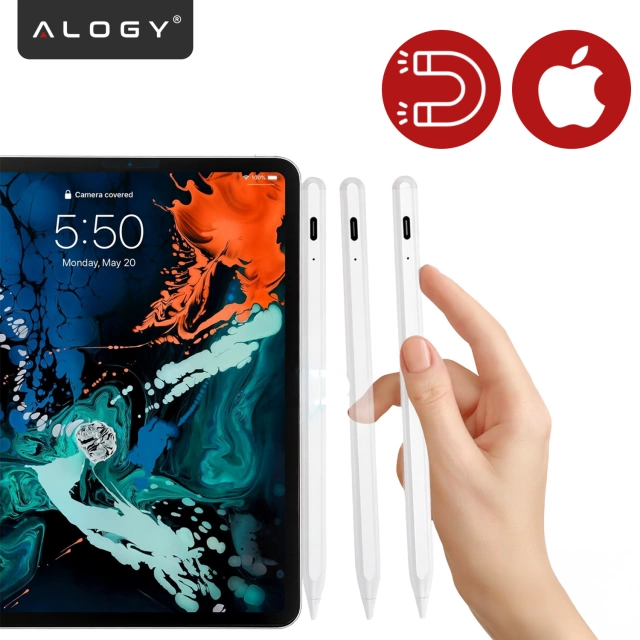 Rysik do Apple iPad Alogy Pencil z funkcją Palm Rejection Tilt Magnetyczny USB-C + zapasowa końcówka Biały