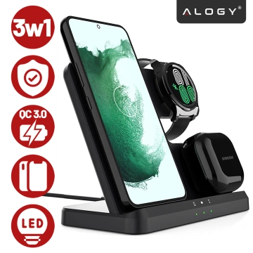 Ładowarka Bezprzewodowa Indukcyjna 3w1 Qi 3.0 Szybka do Samsung S22 S23 S24 S25 Galaxy Watch Buds Stacja czarna