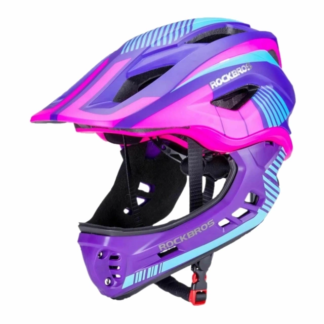 Rockbros TT-32SBPP-M Kinderfahrradhelm mit abnehmbarem Kinnbügel, Größe M – Lila-Pink