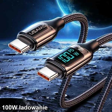 USAMS Kabel pleciony U78 USB-C na USB-C LED 1.2m 100W Fast Charging czarny/black SJ546USB01 (US-SJ546 )