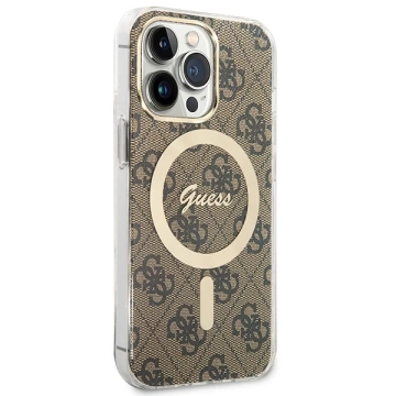 Zestaw Guess GUBPP13LH4EACSW Case Charger iPhone 13 Pro brązowy/brown Hard Case 4G MagSafe Print