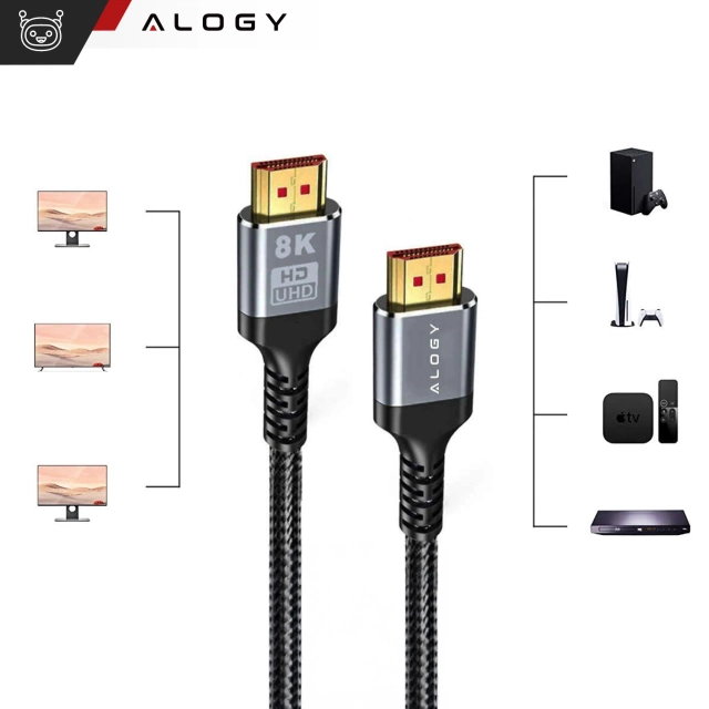 2x Kabel HDMI 2.1 Alogy 5m 4K 8K PREMIUM MIEDŹ ULTRA High Speed 60Hz 48GBps Czarny