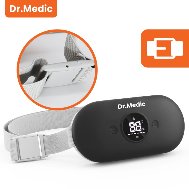 Pas Grzejący z Masażerem na okres i plecy - przeciwbólowy, ciepło + wibracje, 6 poziomów intensywności, akumulator 1800 mAh - Dr.Medic ThermoPulse™ Czarny