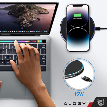 QI kabelloses induktives Ladegerät 15 W schnelle LED Alogy rund für iPhone USB-C-Kabel Schwarz